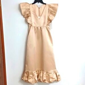 CLEOBELLA satin midi dress w/ ruffled hem, v-neck & side pockets.  Size XS. NWT